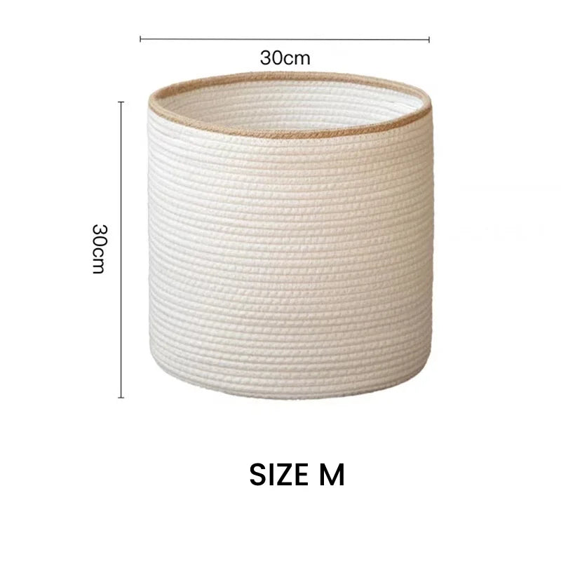 Panier de rangement rond tissé à la main en corde de coton, blanc avec bord beige, 3 tailles