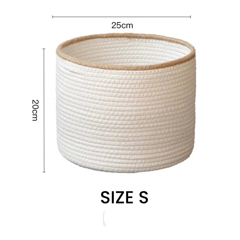 Panier de rangement rond tissé à la main en corde de coton, blanc avec bord beige, 3 tailles
