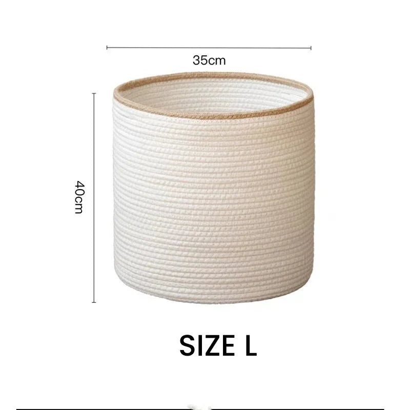 Panier de rangement rond tissé à la main en corde de coton, blanc avec bord beige, 3 tailles