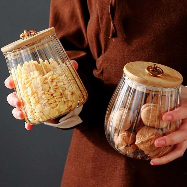 Bocal hermétique en verre avec couvercle en bois pour garder les aliments frais et secs disponible en deux styles - Hommfer