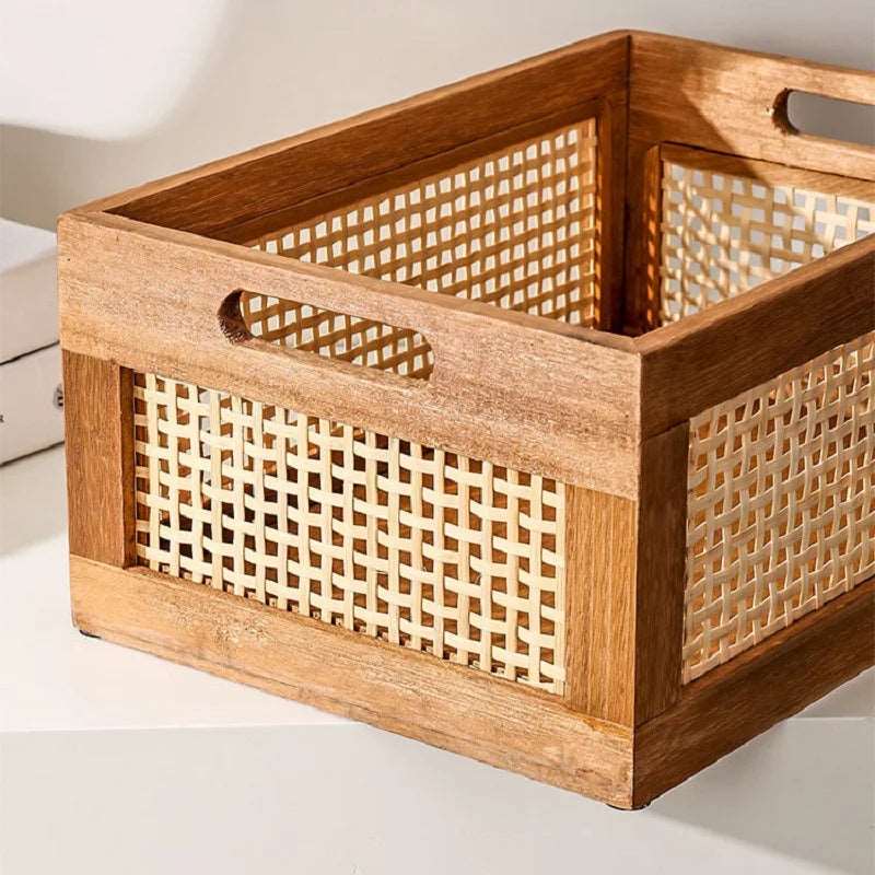 Boîte de rangement en rotin naturel et bois massif pour organiser votre espace, 2 tailles - Hommfer