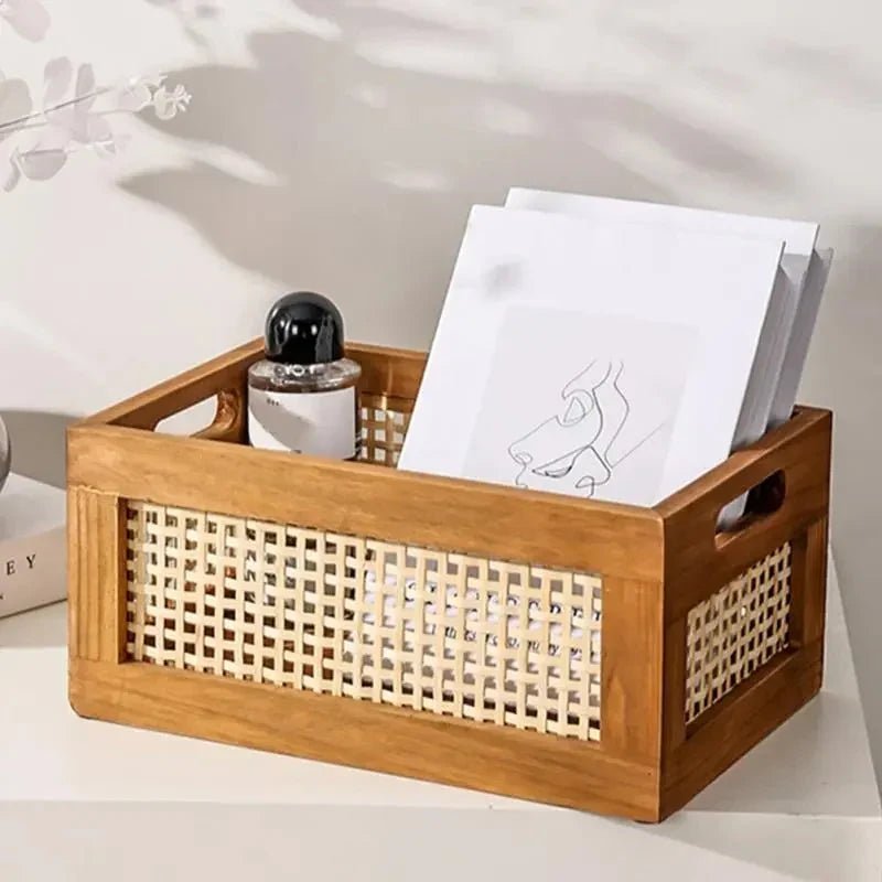 Boîte de rangement en rotin naturel et bois massif pour organiser votre espace, 2 tailles - Hommfer