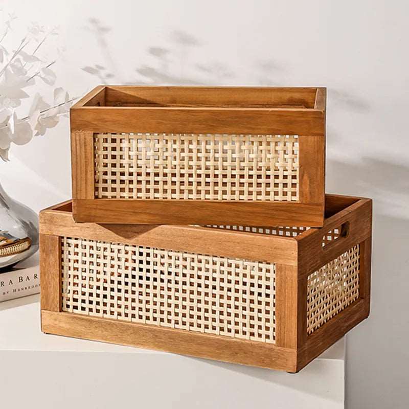 Boîte de rangement en rotin naturel et bois massif pour organiser votre espace, 2 tailles - Hommfer