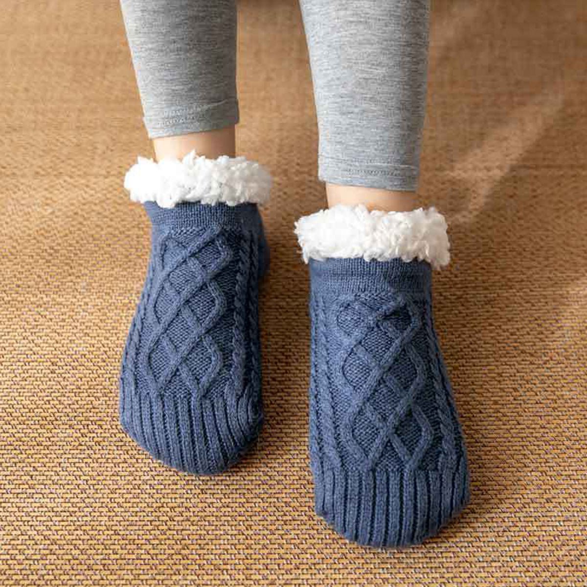 Chaussettes d’intérieur en polaire brossée à semelles antidérapantes, maille torsadée - Hommfer