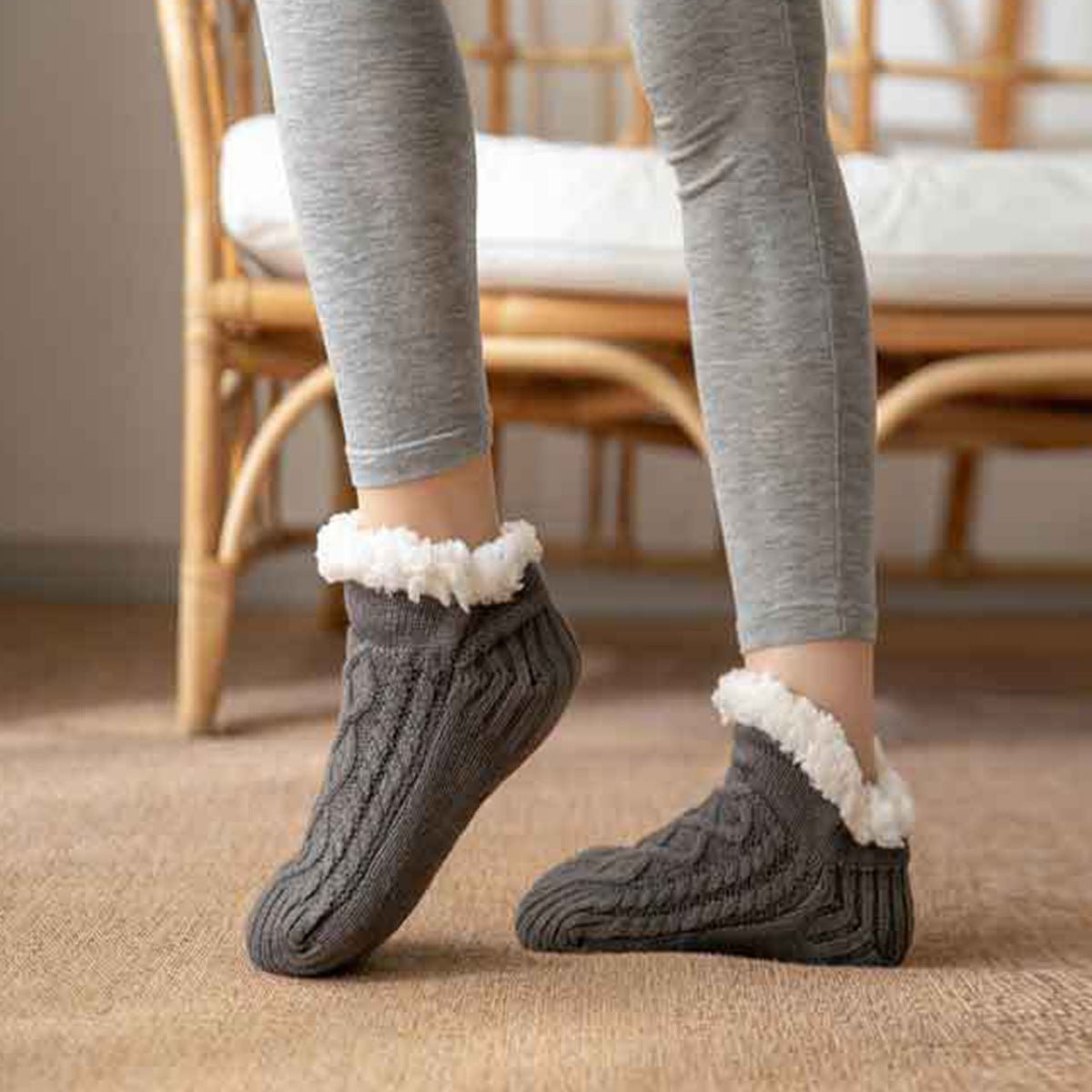 Chaussettes d’intérieur en polaire brossée à semelles antidérapantes, maille torsadée - Hommfer