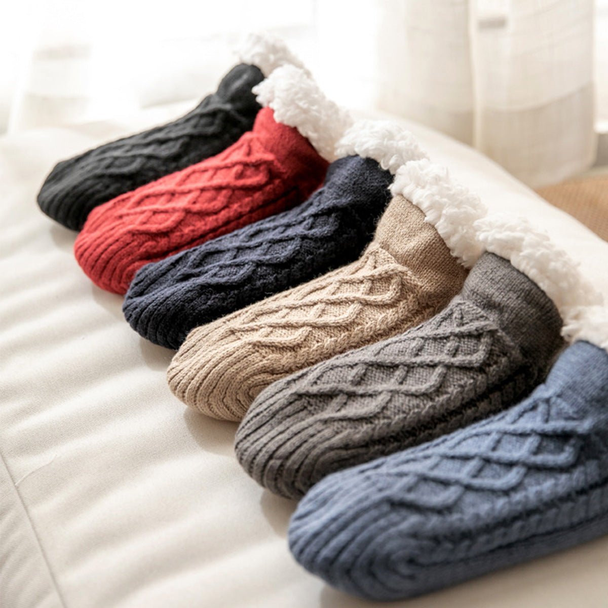 Chaussettes d’intérieur en polaire brossée à semelles antidérapantes, maille torsadée - Hommfer