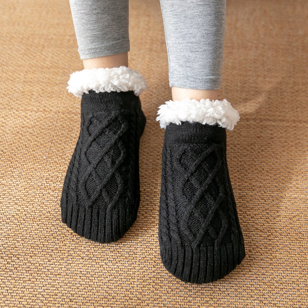 Chaussettes d’intérieur en polaire brossée à semelles antidérapantes, maille torsadée - Hommfer