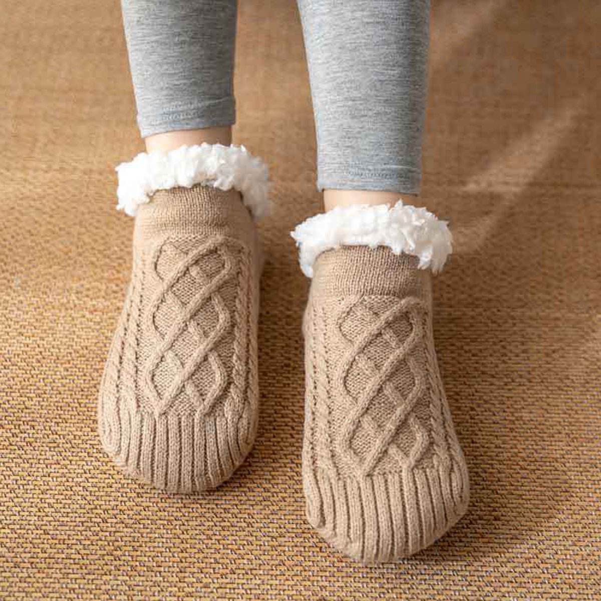 Chaussettes d’intérieur en polaire brossée à semelles antidérapantes, maille torsadée - Hommfer