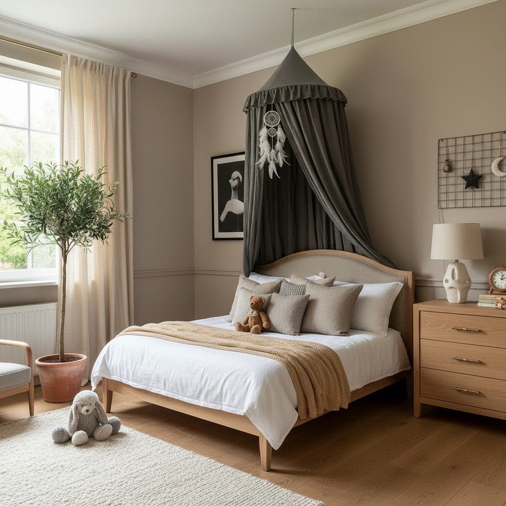 Ciel de lit enfant en coton polyester avec franges et volants, atténue la lumière, blanc, rose et gris - Hommfer