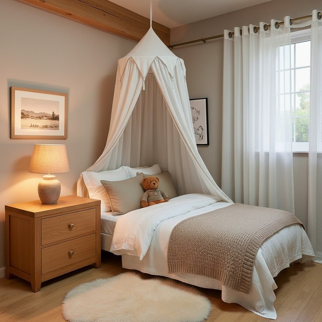 Ciel de lit enfant en coton polyester avec franges et volants, atténue la lumière, blanc, rose et gris - Hommfer