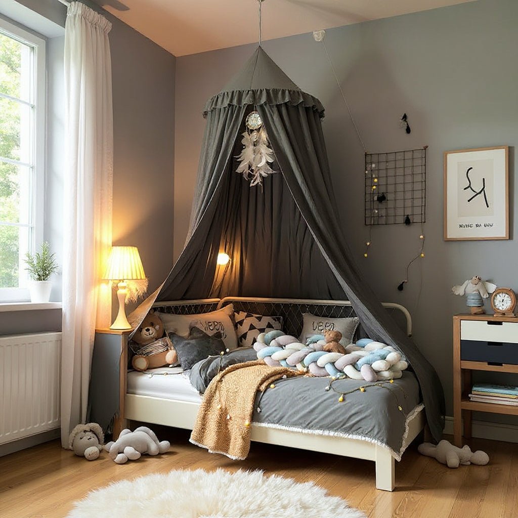 Ciel de lit enfant en coton polyester avec franges et volants, atténue la lumière, blanc, rose et gris - Hommfer