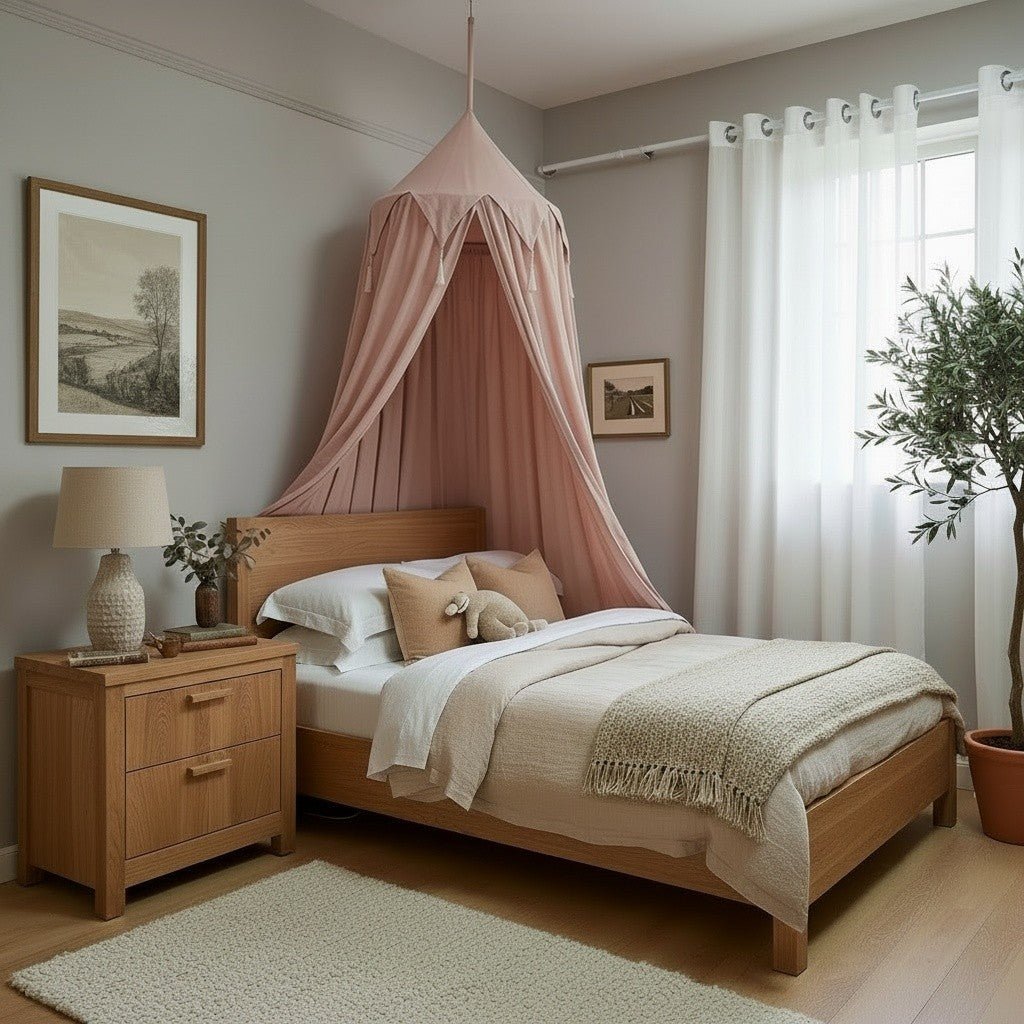Ciel de lit enfant en coton polyester avec franges et volants, atténue la lumière, blanc, rose et gris - Hommfer
