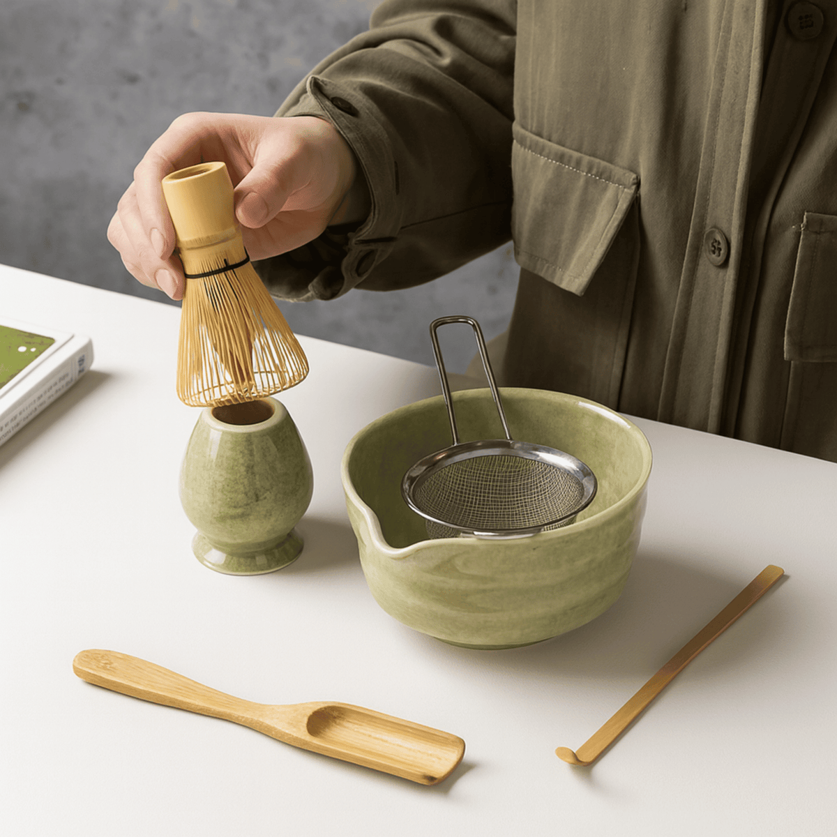 Coffret Matcha 6 pièces avec bol en céramique, fouet et cuillère en bambou pour cérémonie du thé - Hommfer