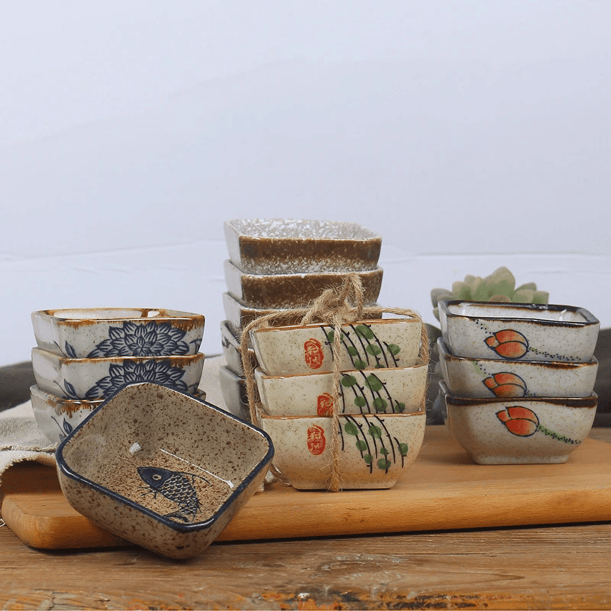 Coupelles carrées en porcelaine à motifs japonais pour sauces, lot de 4, micro-ondes et lave-vaisselle - Hommfer