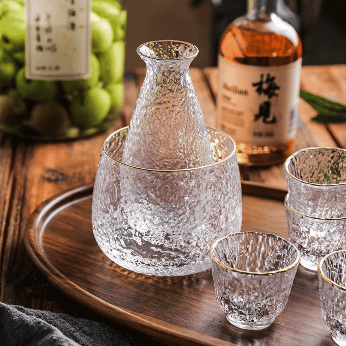 Ensemble 6 pièces pour saké et spiritueux en verre écologique avec carafe, seau à glace et 4 verres, inspiré du Japon - Hommfer