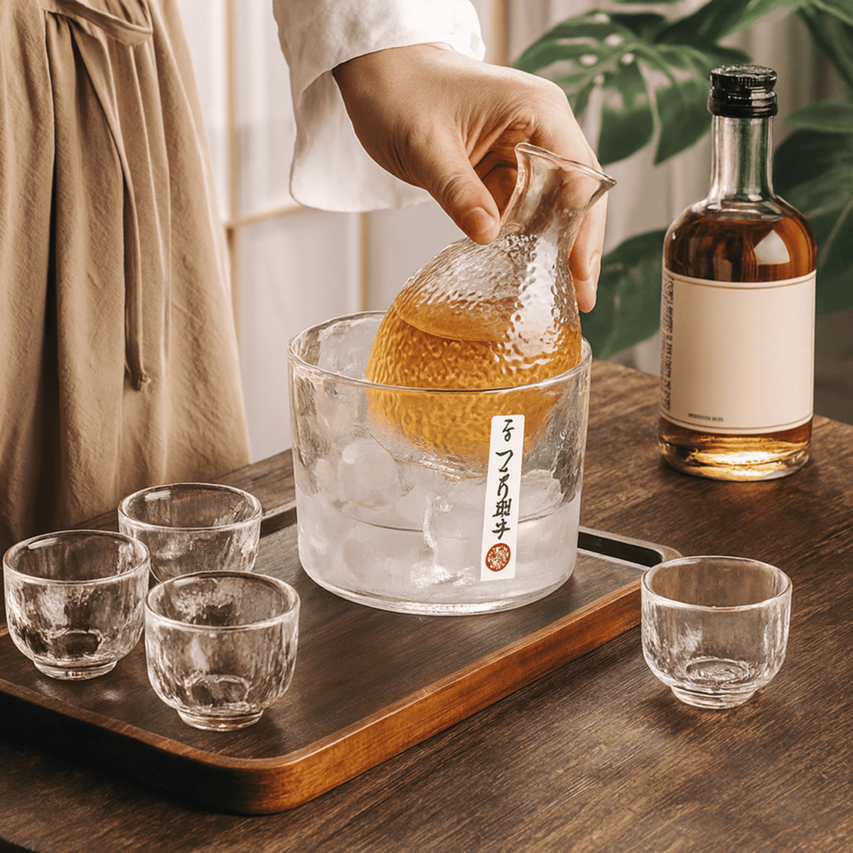Ensemble 6 pièces pour saké et spiritueux en verre écologique avec carafe, seau à glace et 4 verres, inspiré du Japon - Hommfer