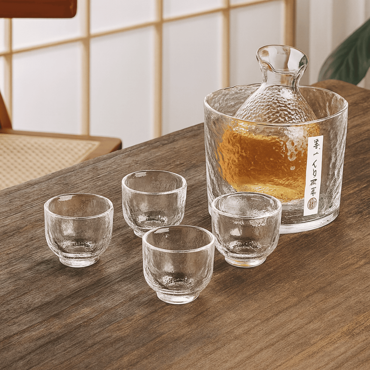 Ensemble 6 pièces pour saké et spiritueux en verre écologique avec carafe, seau à glace et 4 verres, inspiré du Japon - Hommfer
