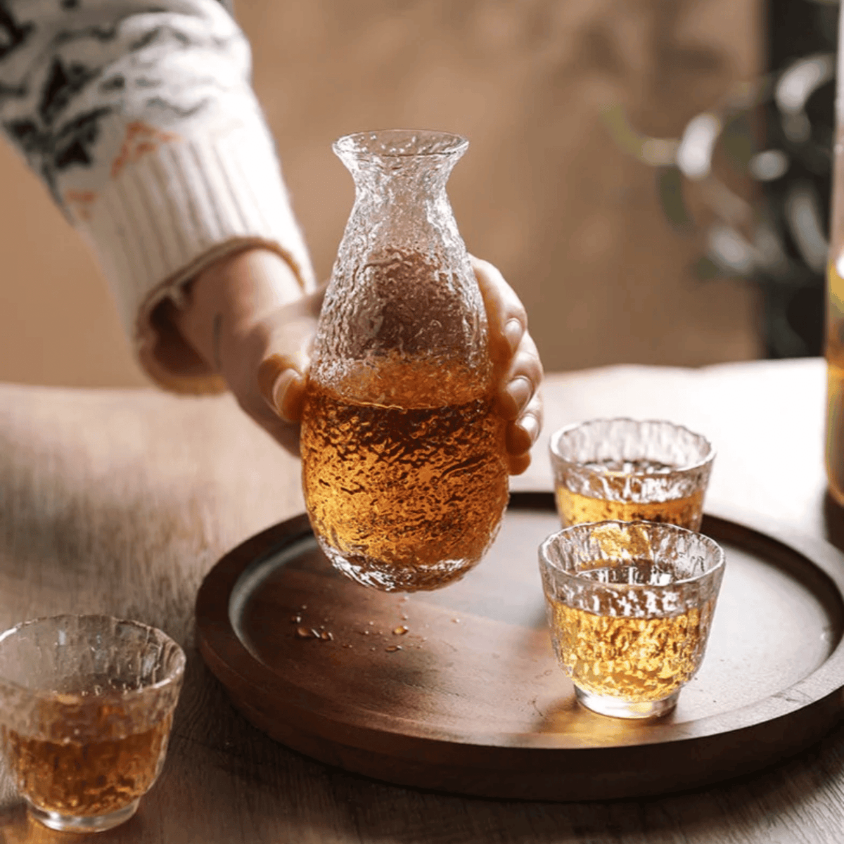 Ensemble 6 pièces pour saké et spiritueux en verre écologique avec carafe, seau à glace et 4 verres, inspiré du Japon - Hommfer