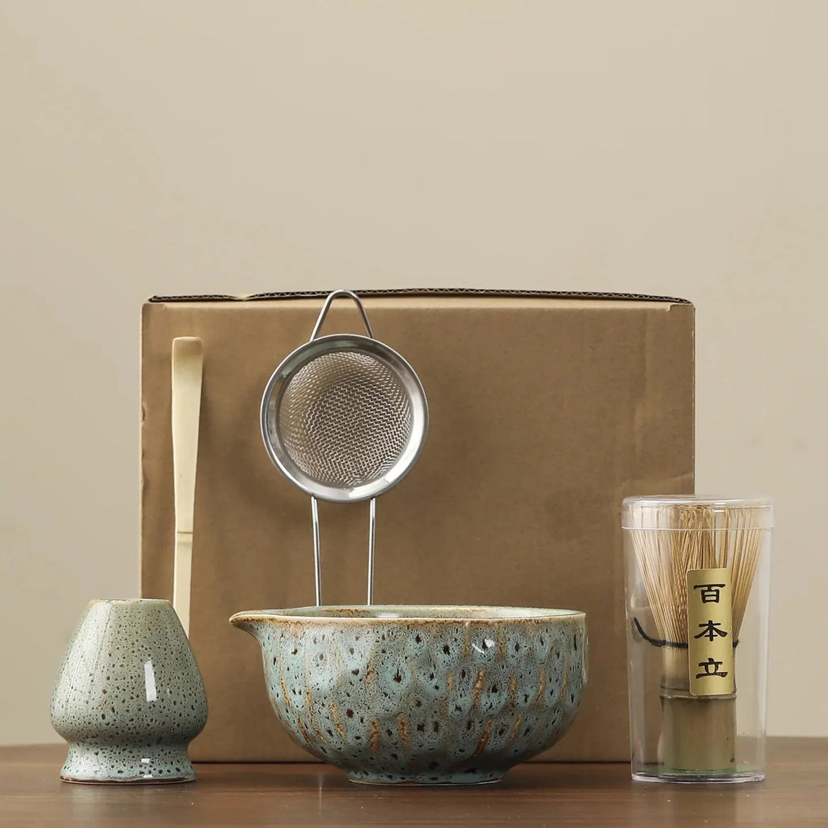 Ensemble de cérémonie du matcha 5 pièces en céramique et bambou avec bol cuit à haute température - Hommfer