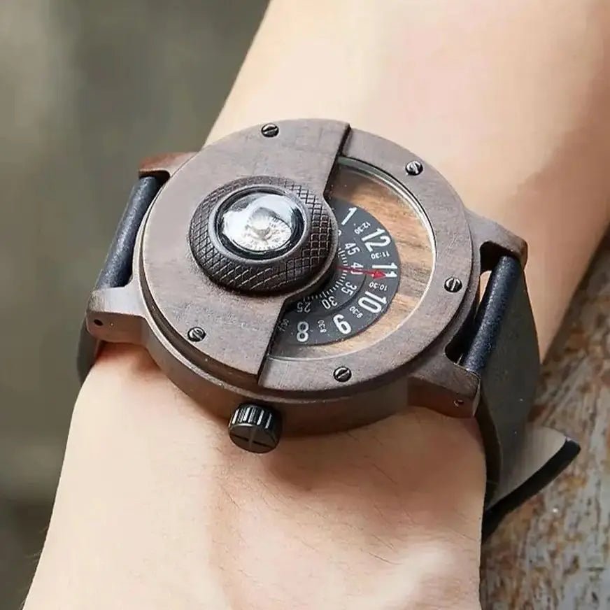 Équinoxe Montre en Bois de Noyer avec Boussole Intégrée, Bracelet en Cuir Véritable, Quartz, Résistance à l’Eau 3 Bar - Hommfer