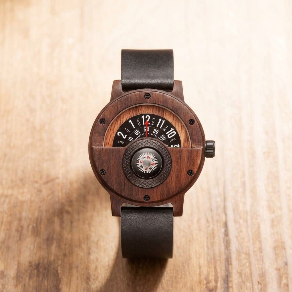 Équinoxe Montre en Bois de Noyer avec Boussole Intégrée, Bracelet en Cuir Véritable, Quartz, Résistance à l’Eau 3 Bar - Hommfer