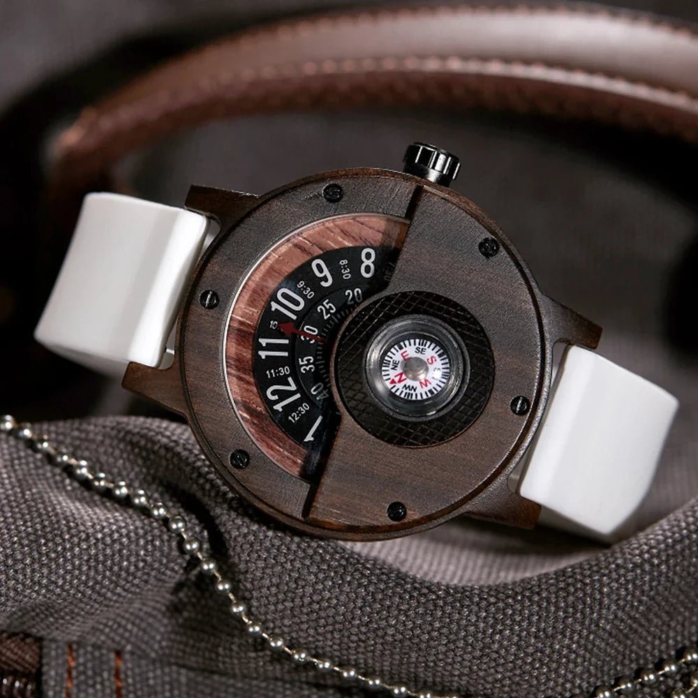 Équinoxe Montre en Bois de Noyer avec Boussole Intégrée, Bracelet en Cuir Véritable, Quartz, Résistance à l’Eau 3 Bar - Hommfer
