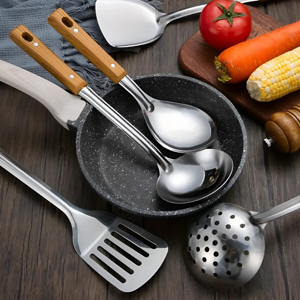 Hommfer – Ensemble de Cuisine en Acier Inoxydable avec Poignées en Bois - Hommfer