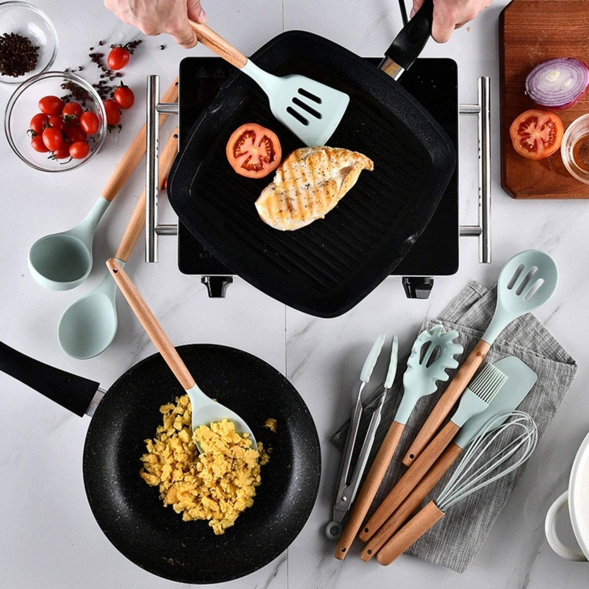 Hommfer – Ensemble d'Ustensiles de Cuisine en Silicone avec Poignées en Bois - Hommfer