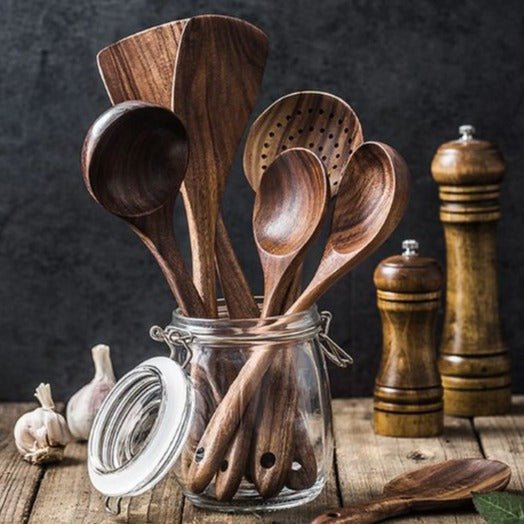 Hommfer – Ensemble d’ustensiles sculptés à la main en bois de teck, résistants à la chaleur et anti-rayures - Hommfer