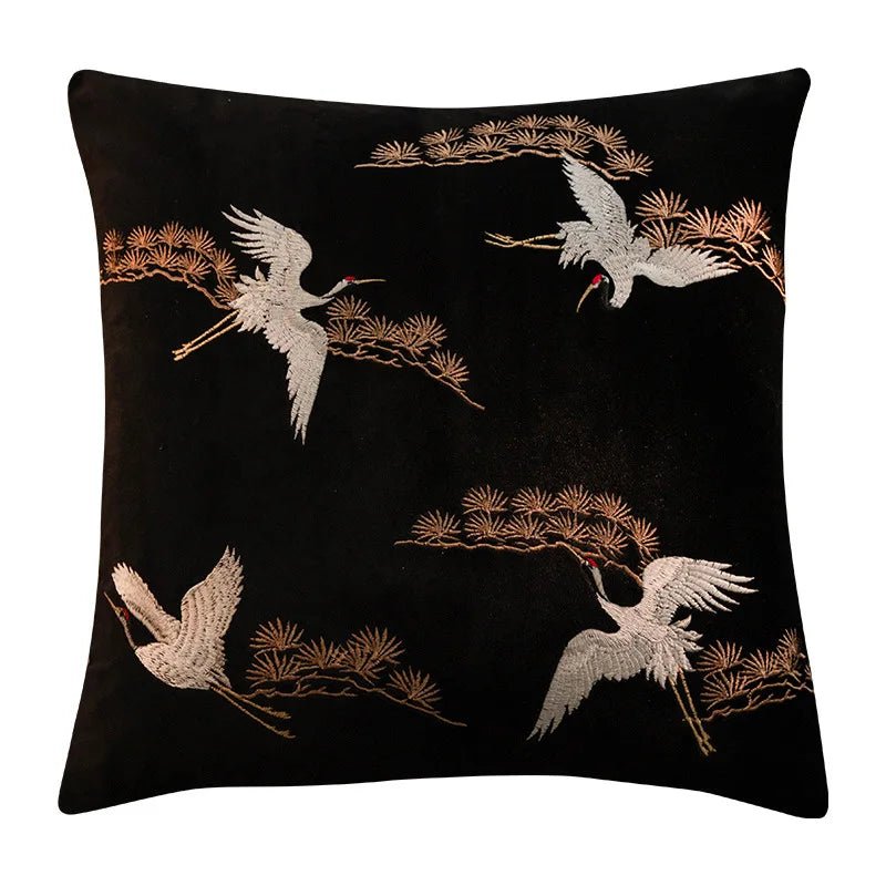 Hommfer – Housse de Coussin Brodée Grue et Pin Élégant - Hommfer