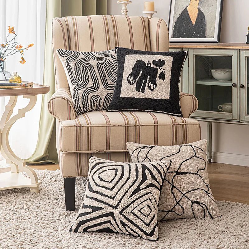 Hommfer – Housse de Coussin Tuftée Géométrique Beige et Noire - Hommfer