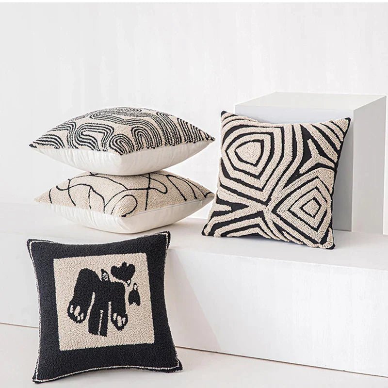 Hommfer – Housse de Coussin Tuftée Géométrique Beige et Noire - Hommfer