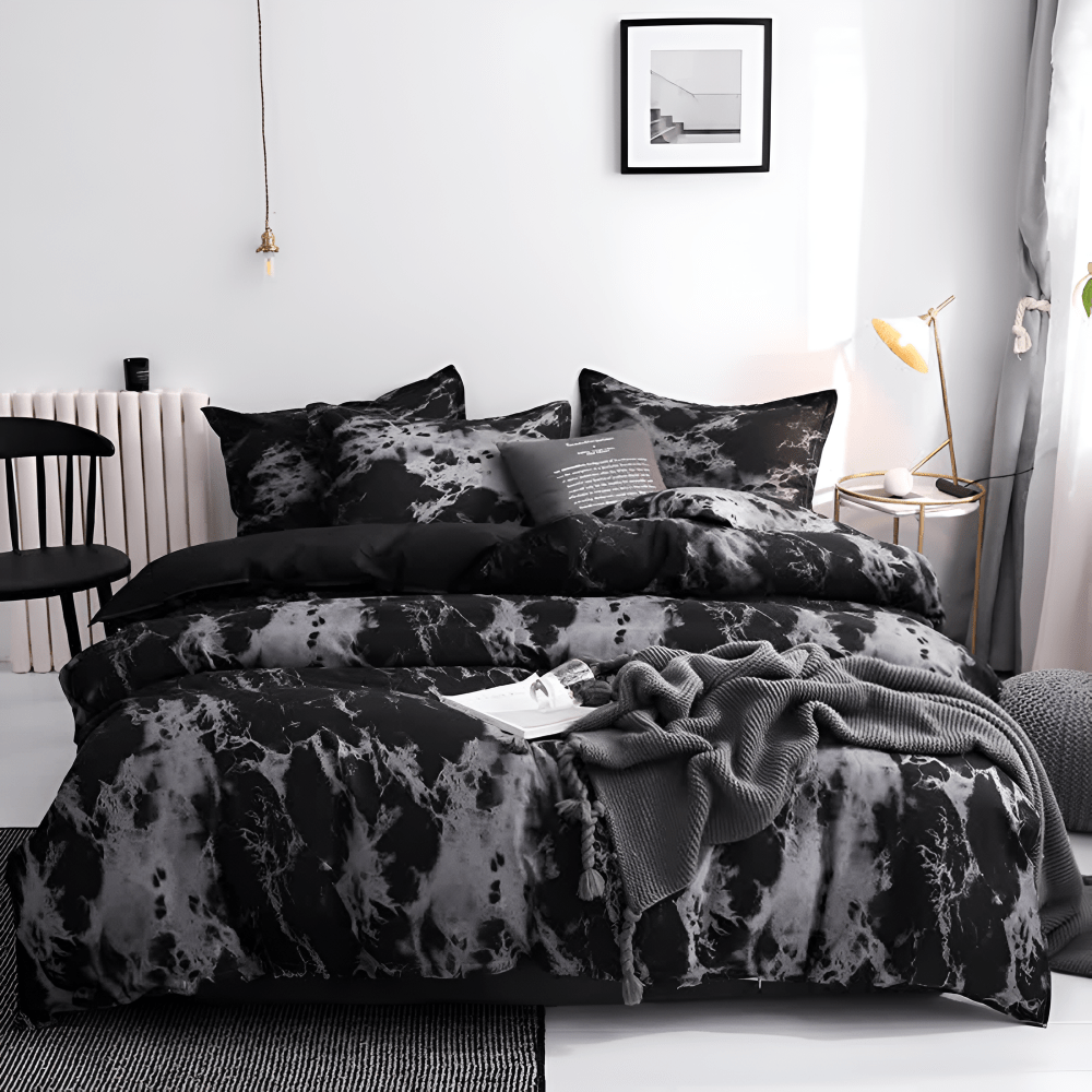 Hommfer – Parure de Lit à Motif Marbre Noir Élégant | 3 Pièces - Hommfer