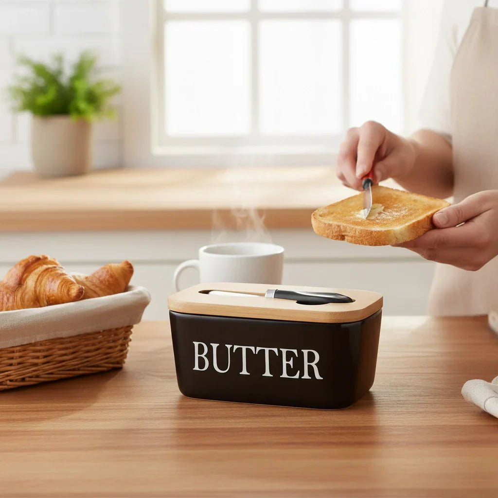 Hommfer – Plat à Beurre Élégant en Céramique avec Couteaux en Bambou - Hommfer