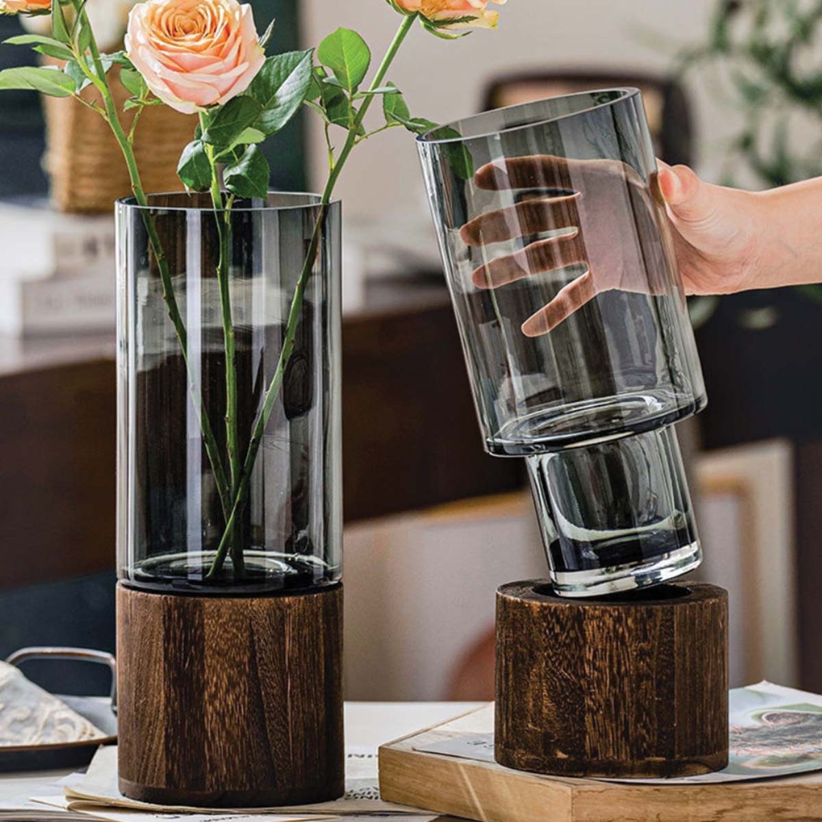 Hommfer - Vase à Fleurs en Verre et Bois - Hommfer