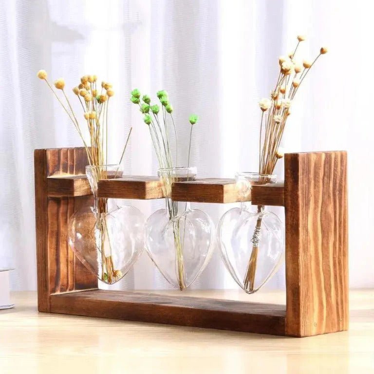 Hommfer – Vase de propagation en verre en forme de cœur avec support en bois - Hommfer