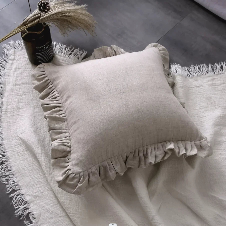 Housse de coussin en lin 100% doux à volants en 10 couleurs sans rembourrage et plusieurs tailles - Hommfer