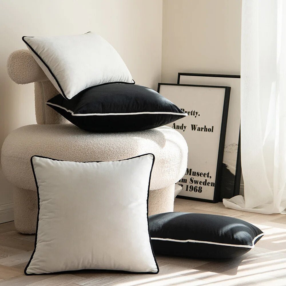 Housse de coussin en velours doux noir et blanc aux finitions soignées, 45x45 50x50 30x50 - Hommfer
