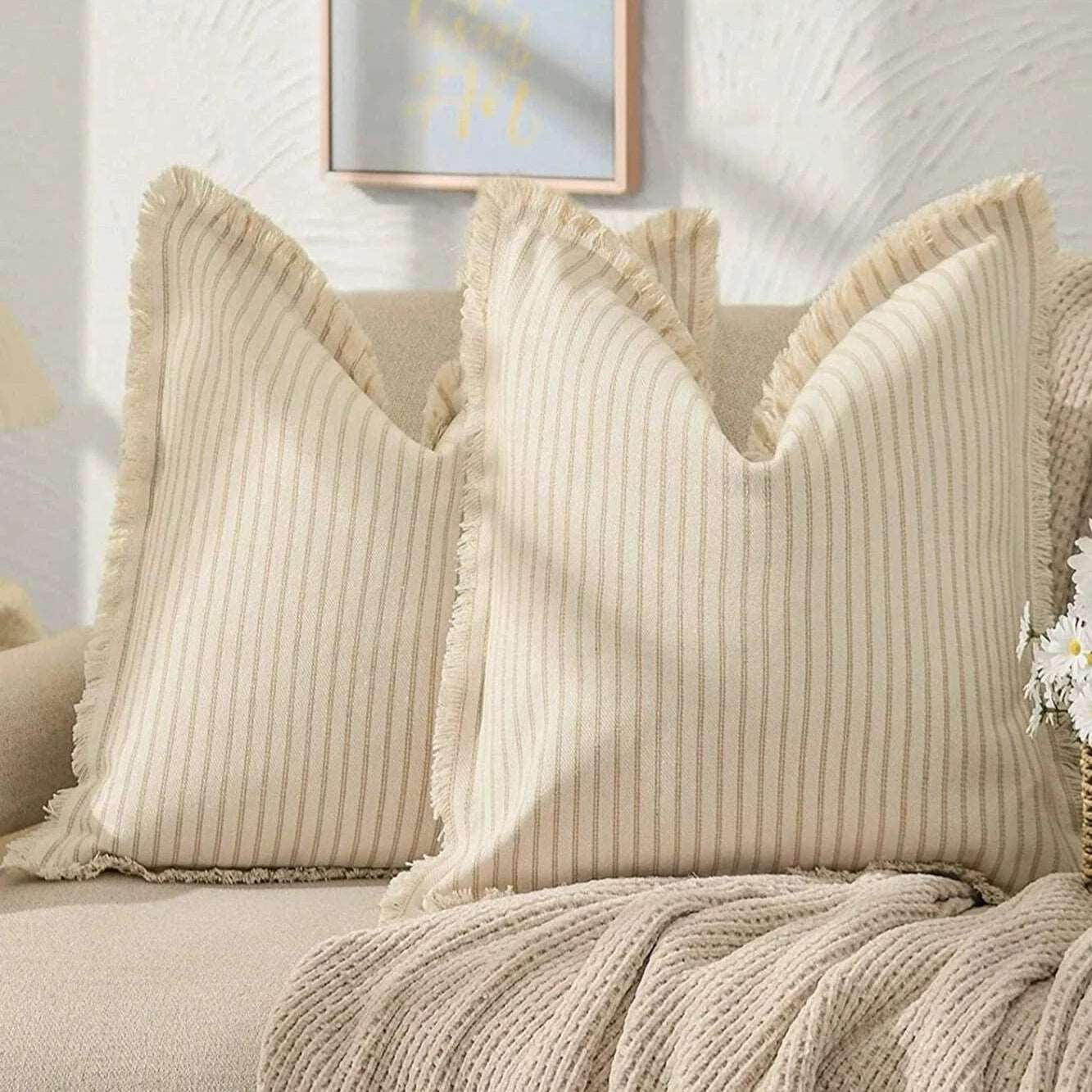 Housses de coussin en jacquard coton polyester à rayures nordiques, lavables en machine, 45x45 50x50 30x50, 6 couleurs - Hommfer