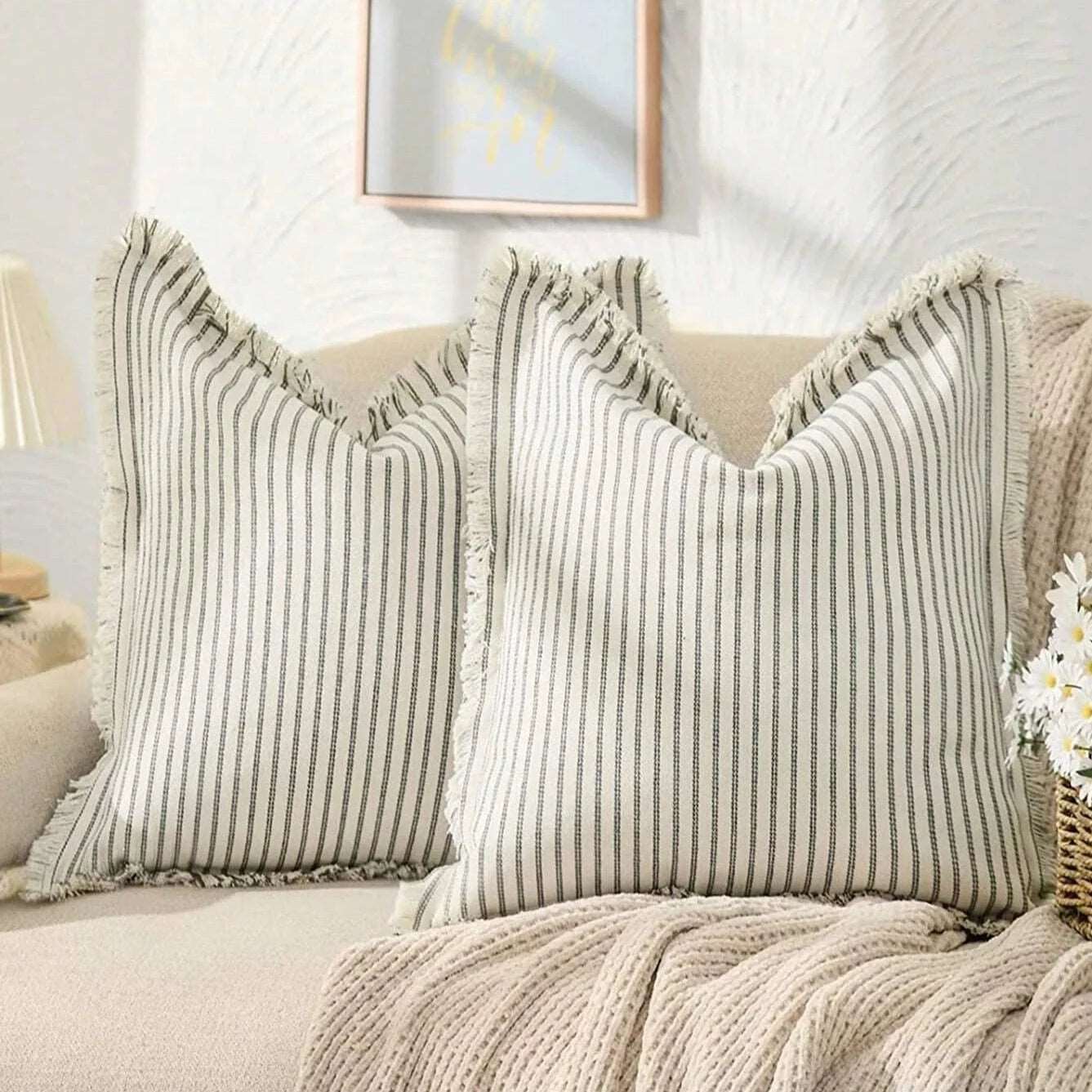 Housses de coussin en jacquard coton polyester à rayures nordiques, lavables en machine, 45x45 50x50 30x50, 6 couleurs - Hommfer