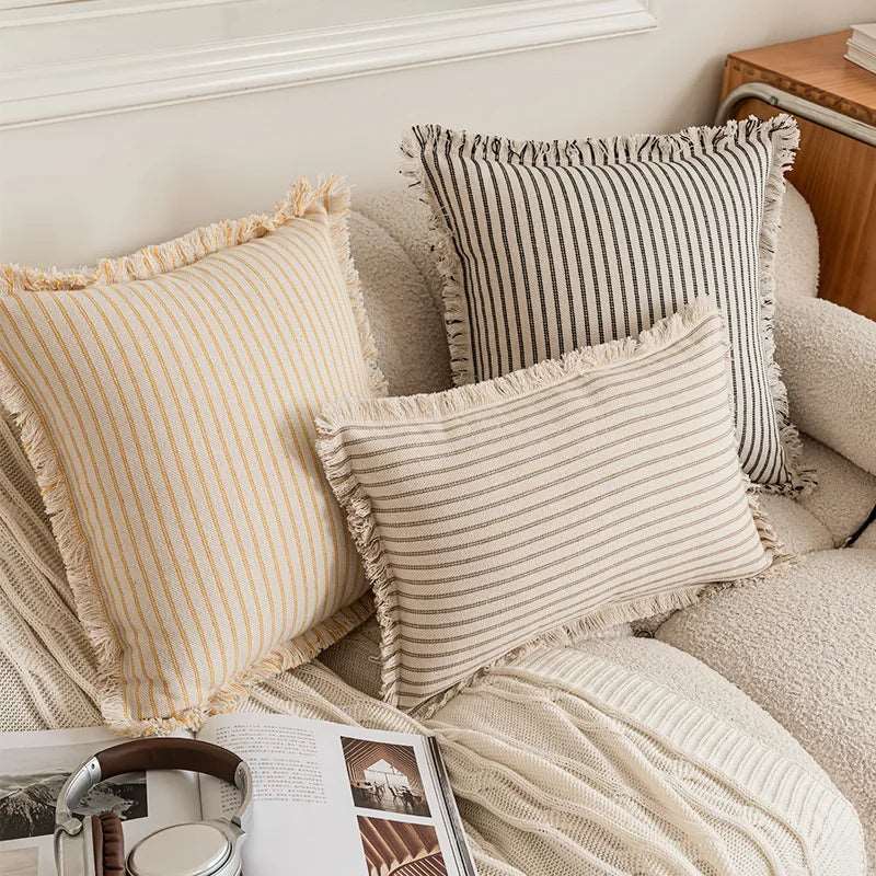 Housses de coussin en jacquard coton polyester à rayures nordiques, lavables en machine, 45x45 50x50 30x50, 6 couleurs - Hommfer