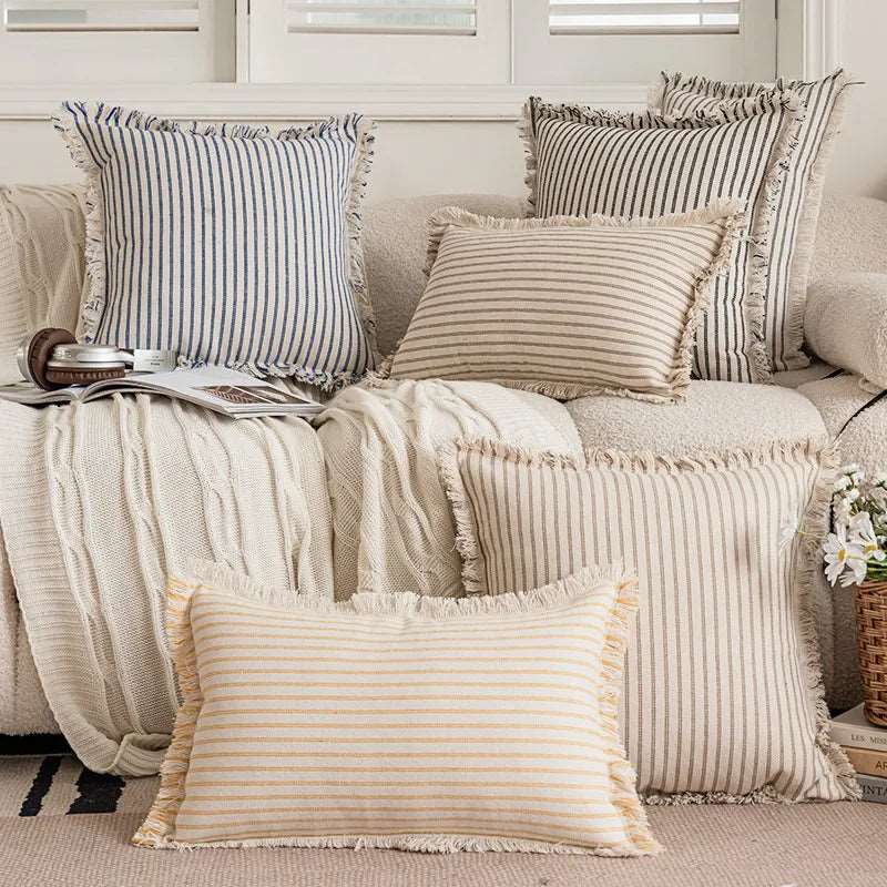 Housses de coussin en jacquard coton polyester à rayures nordiques, lavables en machine, 45x45 50x50 30x50, 6 couleurs - Hommfer