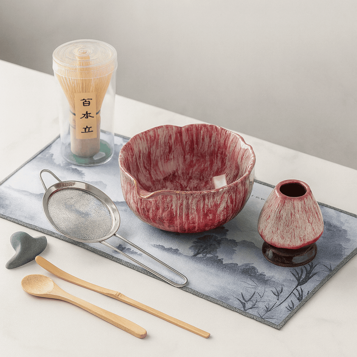 Kit Cérémonie du Matcha 8 pièces en céramique émaillée avec fouet en bambou et bol à bec verseur - Hommfer