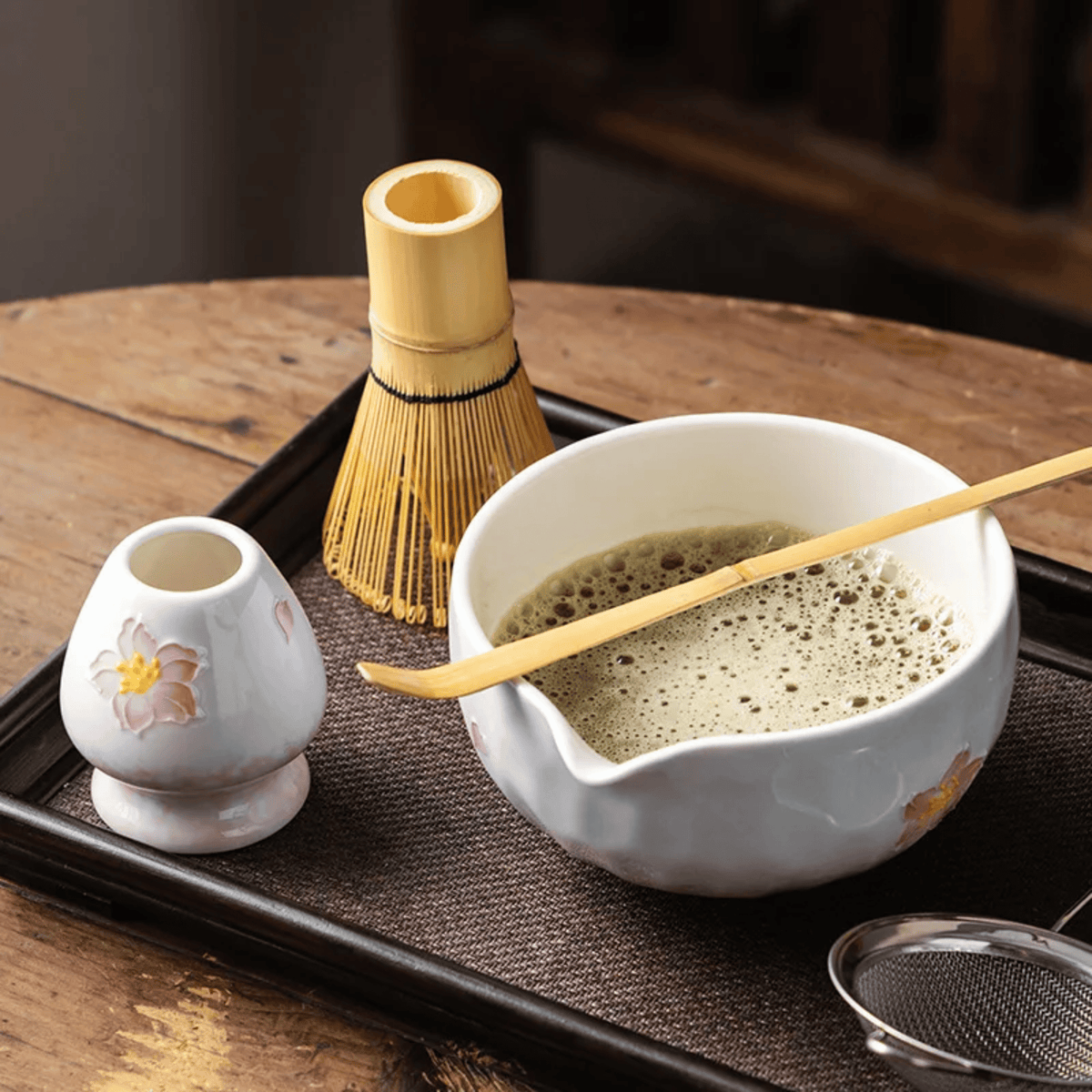 Kit de Cérémonie du Matcha 5 Pièces Fleurs de Cerisier en Céramique et Bambou pour un Matcha Lisse et Mousseux - Hommfer