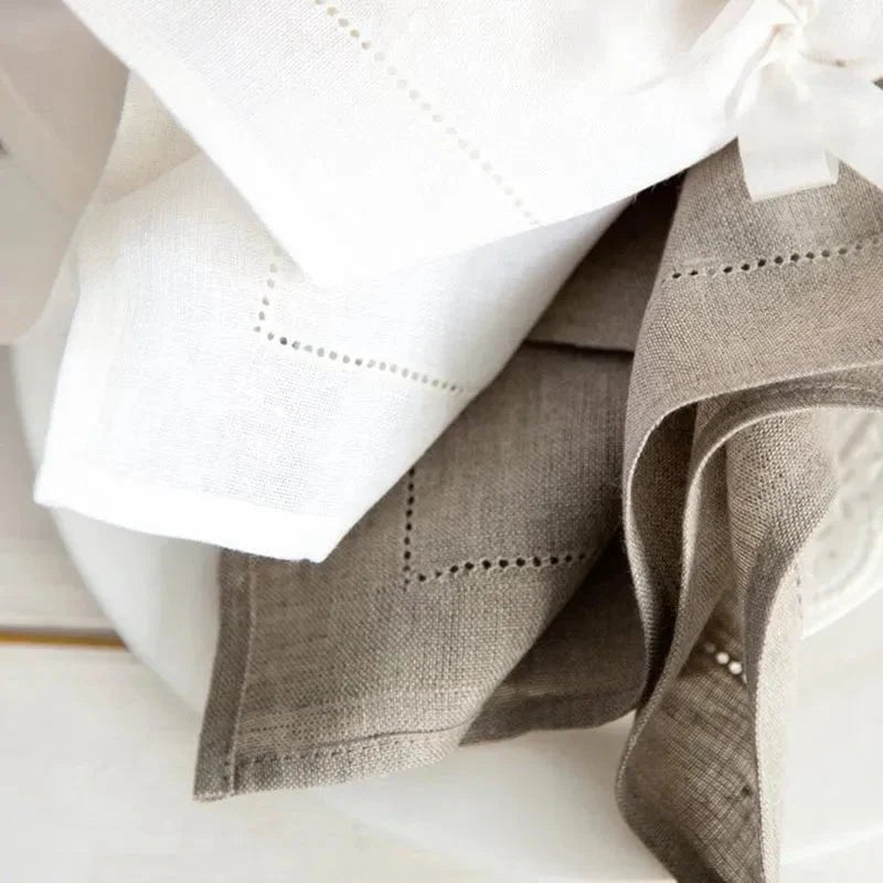 Lot de 6 serviettes de table, blanc en coton, kaki en lin, bords ourlés, disponibles en 50x50, 45x45 ou 20x20 cm - Hommfer