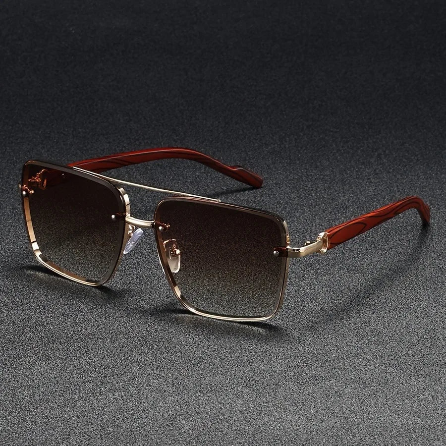 Marceau Lunettes de soleil carrées en métal doré poli avec branches en bois et protection UV400 - Hommfer