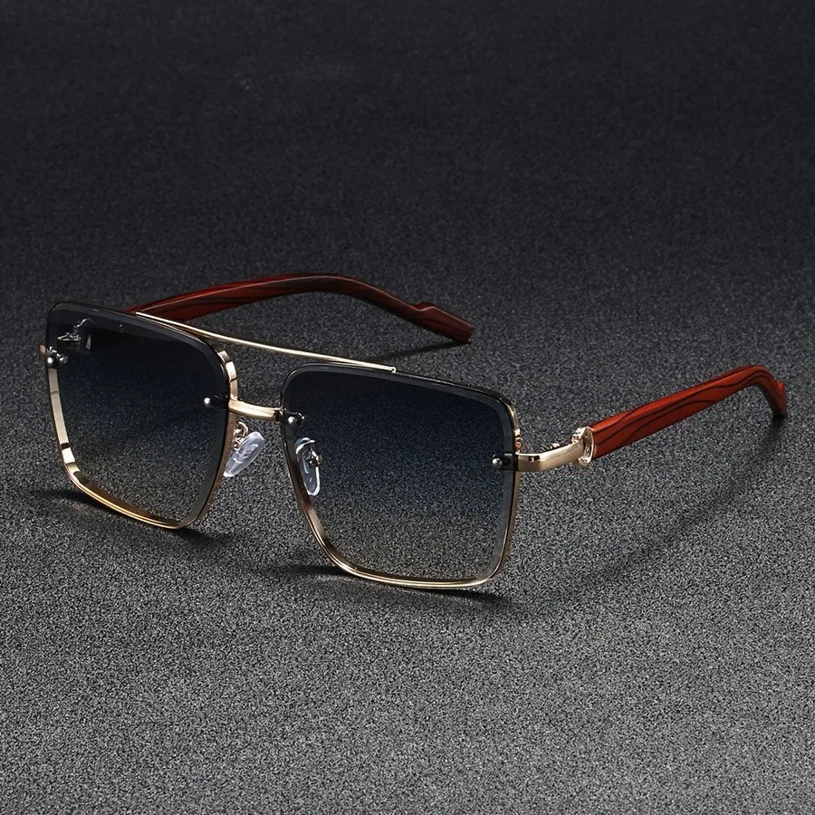 Marceau Lunettes de soleil carrées en métal doré poli avec branches en bois et protection UV400 - Hommfer