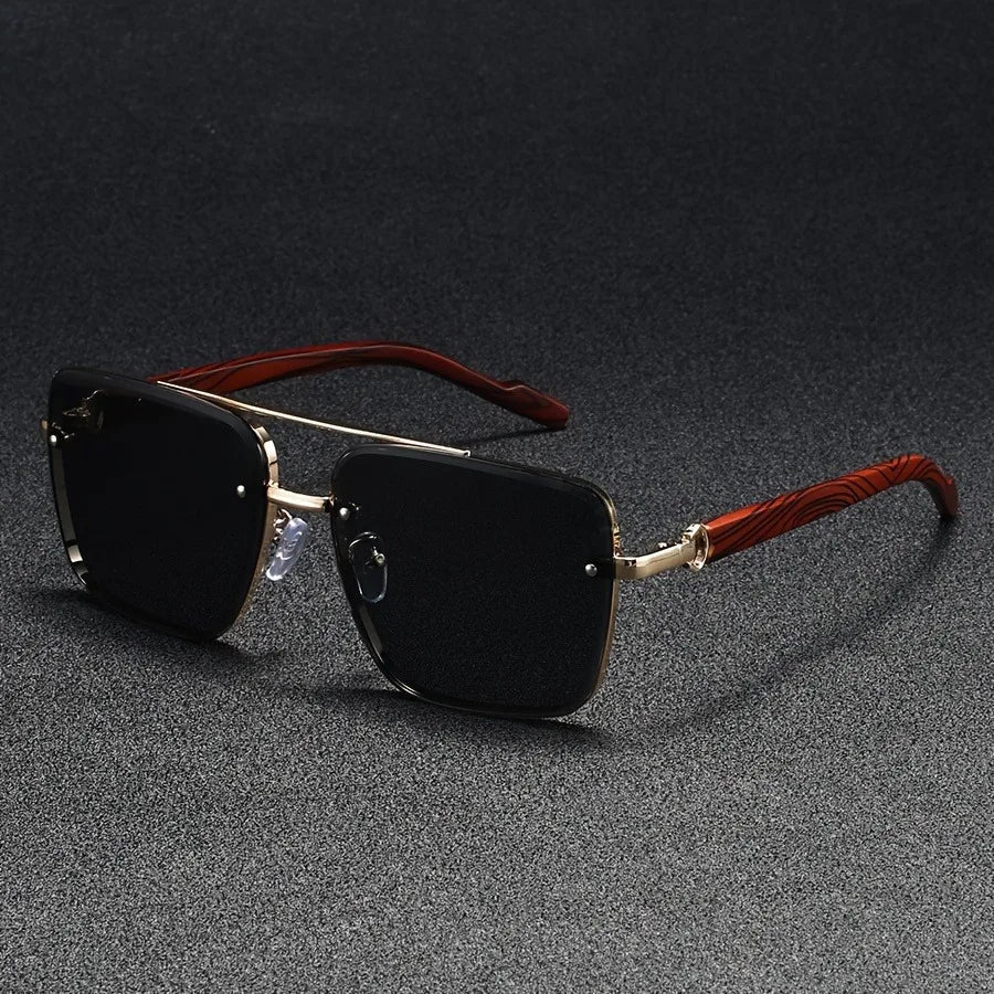Marceau Lunettes de soleil carrées en métal doré poli avec branches en bois et protection UV400 - Hommfer