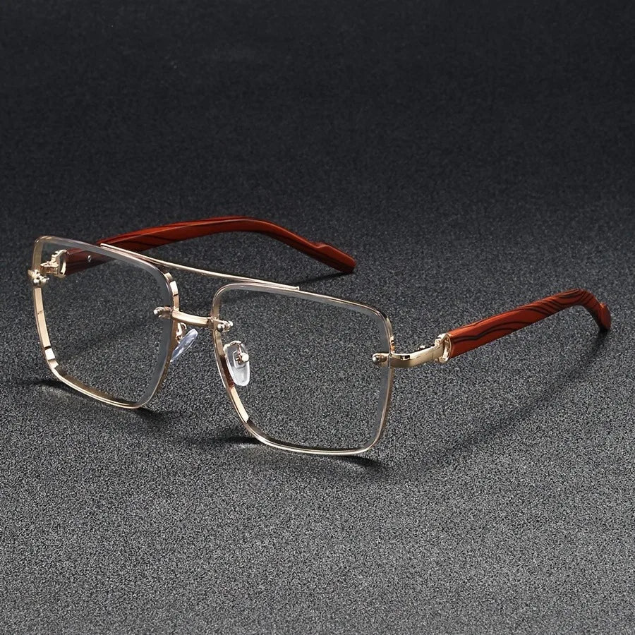 Marceau Lunettes de soleil carrées en métal doré poli avec branches en bois et protection UV400 - Hommfer