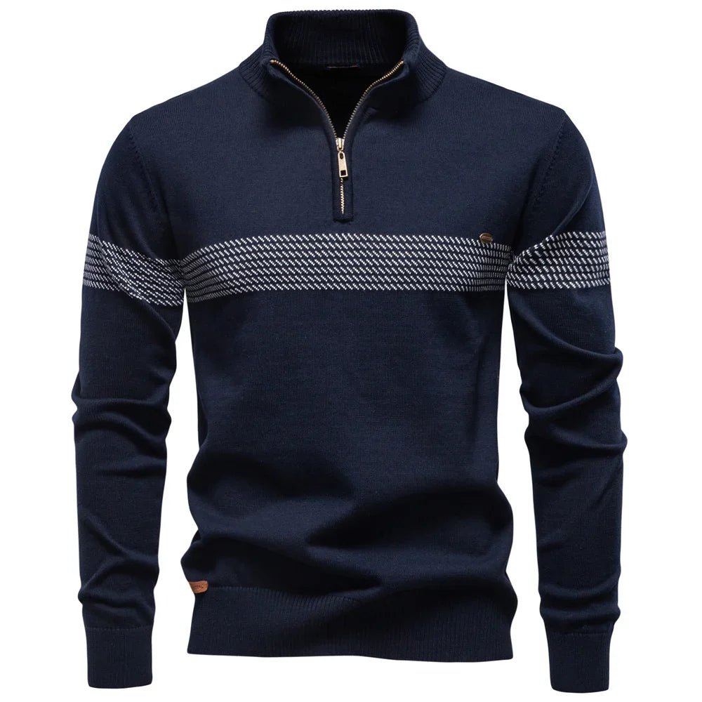Marceau Pull en coton bio à col zippé doré avec rayure tissée, chaud et respirant - Hommfer